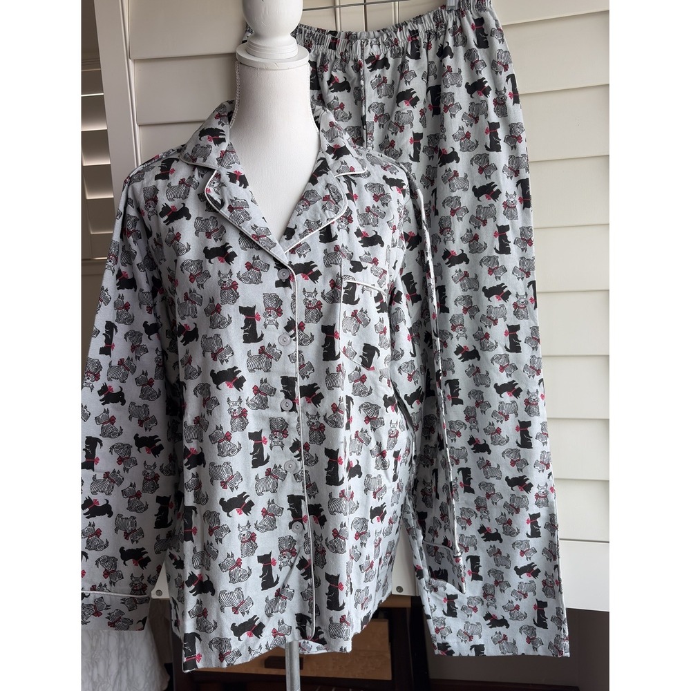 Blair Women L Scotty Dog Pajama Set Flannel 100% Cotton Novelty Gray Cozy AOP